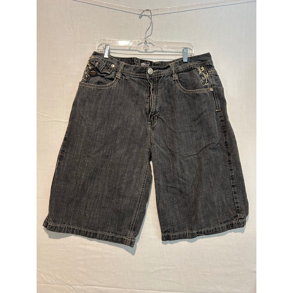 Delf Mens Black Denim Shorts Gold Wing Embroidery Y2K Baggy Skater W38 L14.5